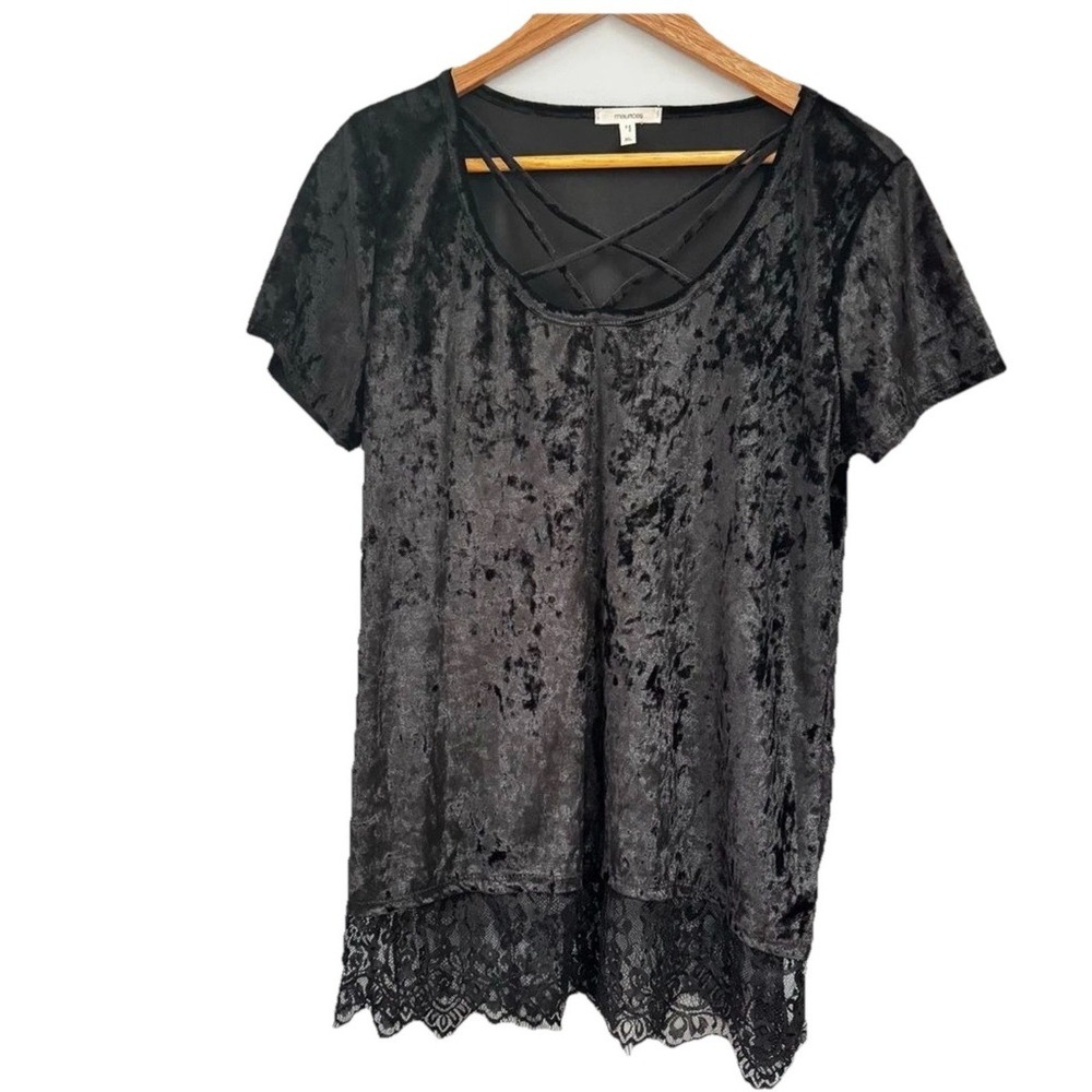 Maurices Black Velvet Short Sleeve Top Lace Hem Size XL Whimsigoth Fairygrunge